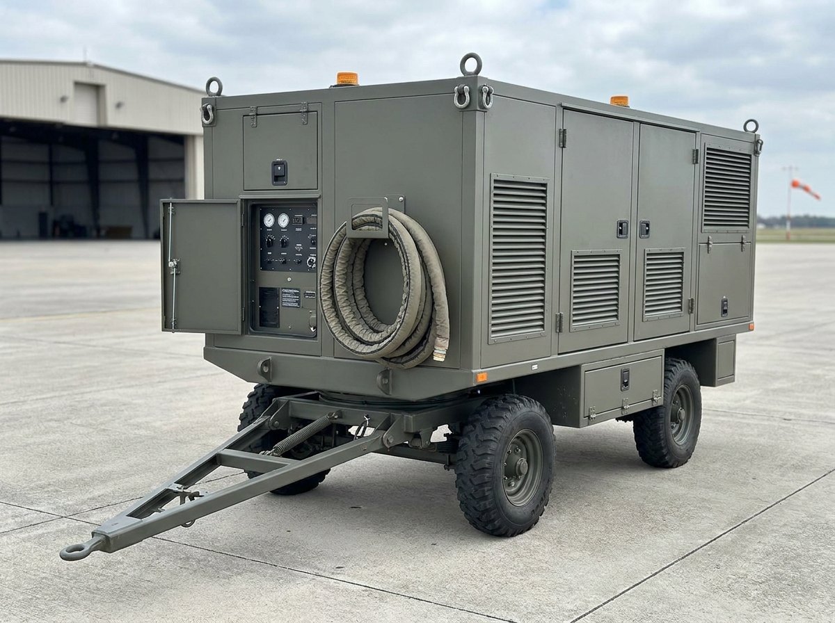 Representative render — aircraft ground air-conditioning cart on an airfield apron: olive-grey multi-door canopy with louvred cooling grilles on a twin-axle chassis with all-terrain tyres, A-frame tow bar, roof lifting eyes, corner obstacle lamps, gauge panel behind an open door and a heat-insulated air hose coiled on the side