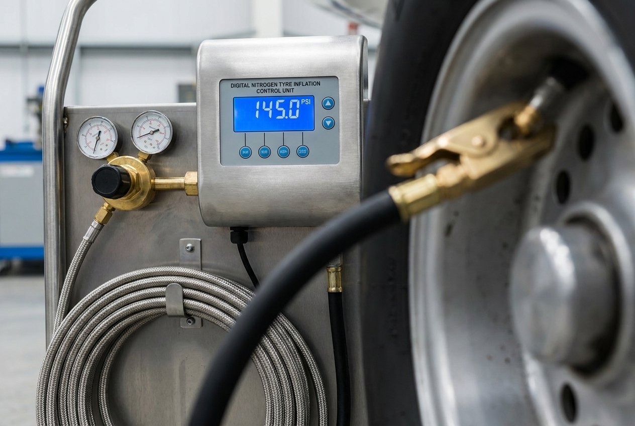 Digital nitrogen tyre inflation controller with LCD display and clip-on chuck connected to an aircraft wheel valve