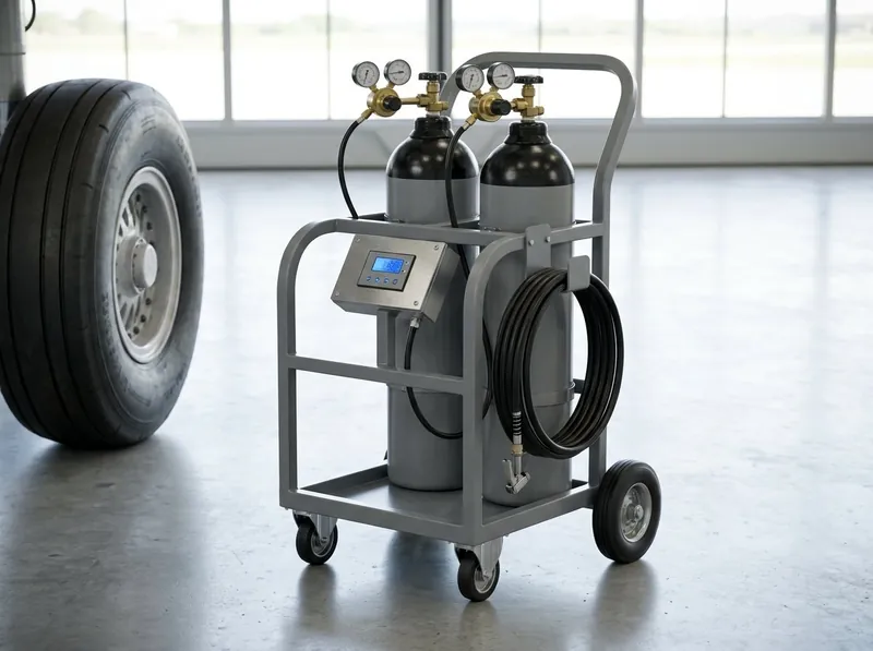Trolley-mounted aircraft tyre nitrogen charging rig with twin cylinders, dual-stage regulators, digital controller and clip-on chuck beside an aircraft wheel