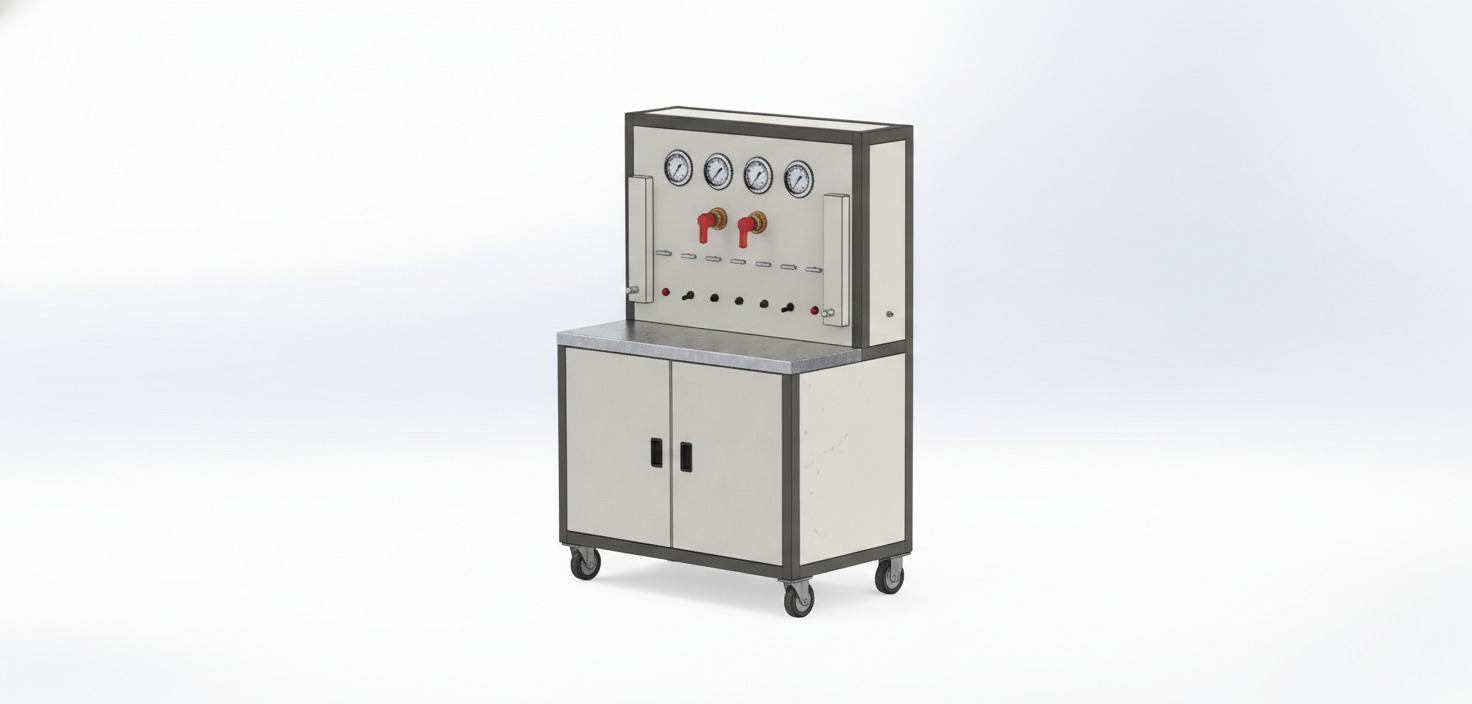 Advanced life support oxygen test bench for pilot safety systems - aerospace oxygen validation console with pressure gauges, valves and instrument cabinet by Neometrix