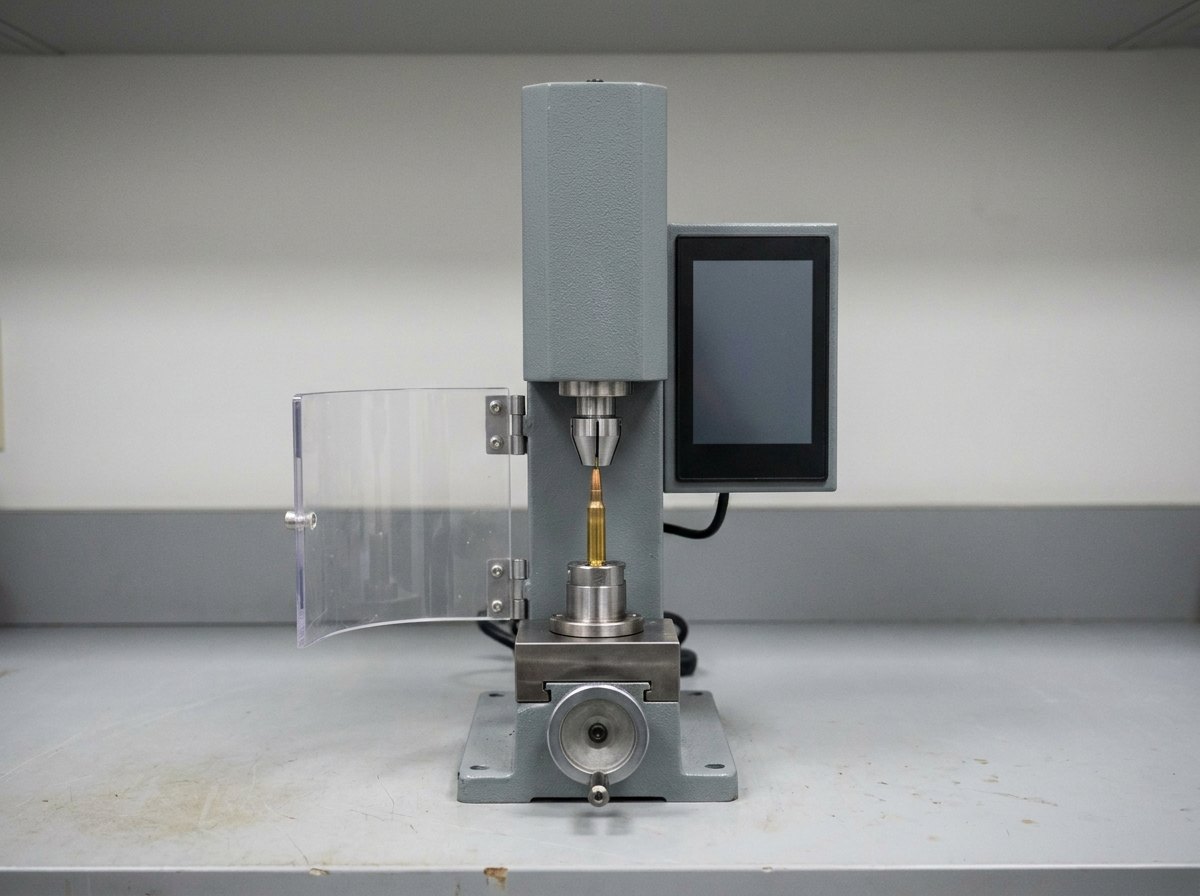 Illustrative image, not a delivered system — a bench bullet-pull testing machine: a vertical frame with a small collet head gripping the bullet of a single brass cartridge held in a lower fixture, a blank digital force display on the column, a clear guard screen to one side, clean laboratory bench, no people and no text