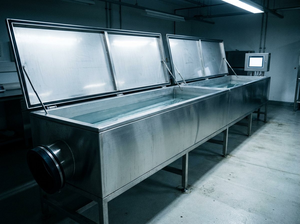 Illustrative image, not a delivered system — a forensic bullet recovery tank: a long horizontal stainless-steel water tank about four metres long on stands, an angled entry port at one end with a small rubber baffle, the hinged lid sections open showing calm water, a small instrument panel with a blank display at the far end, laboratory setting, no firearms, no people and no text