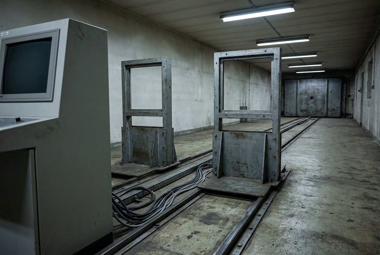 Illustrative image, not a delivered system — an indoor proof lane with a projectile velocity measuring system: two rectangular optical screen frames mounted on a rail baseline, cables leading to a grey acquisition console with one blank dark screen, a protected steel wall downrange, clean floor, no firearms, no people and no text