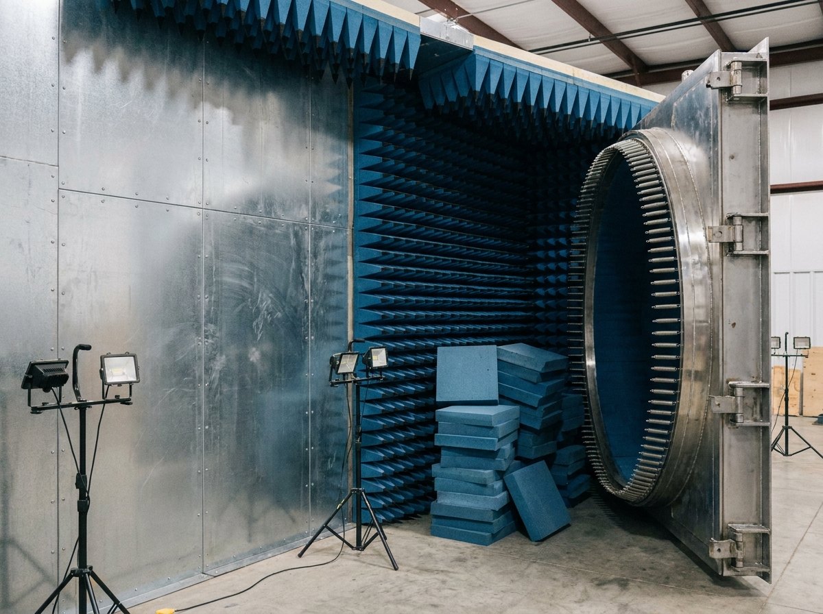 Illustrative image, not a delivered system — a radio-frequency test chamber under construction: one wall still bare galvanised steel shielding panels with neat bolted seams, the adjacent wall already covered in deep blue pyramidal foam absorber, a stack of loose absorber blocks on the concrete floor beside a heavy steel chamber door standing ajar on massive hinges with a ring of spring contact fingers visible around its edge, work lamps on stands, no people and no markings