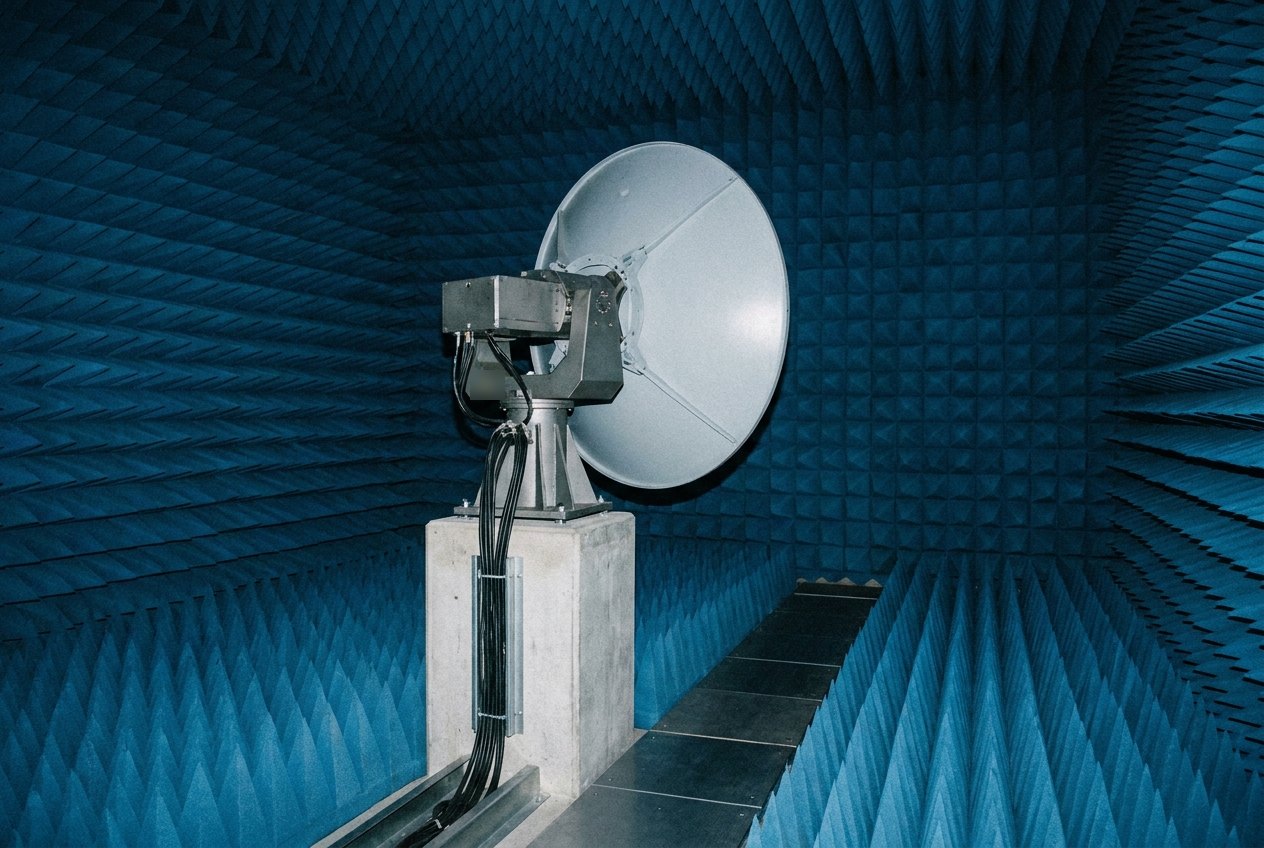 Illustrative image, not a delivered system — a heavy two-axis antenna positioner inside an anechoic chamber lined floor to ceiling with deep blue pyramidal foam absorber: a dark steel drive head on a plain concrete pedestal holding a pale grey parabolic dish antenna about two metres across, its cables dressed neatly down the pedestal face into a floor duct, a narrow walkway of flat dark floor panels crossing the absorber floor toward the door, dim even lighting with the absorber swallowing the light, no people and no markings