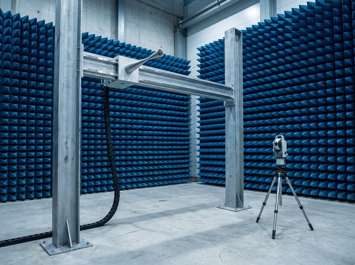 Illustrative image, not a delivered system — a planar near-field scanner in an absorber-lined hall: two tall vertical steel columns joined by a horizontal crossbeam forming a rigid gantry, a small probe carriage on precision rails along the crossbeam carrying a slim conical probe horn, flexible cable chain looping down one column, deep blue pyramidal absorber on the wall behind, a laser tracker on a plain tripod to one side, cool even light, no people and no markings