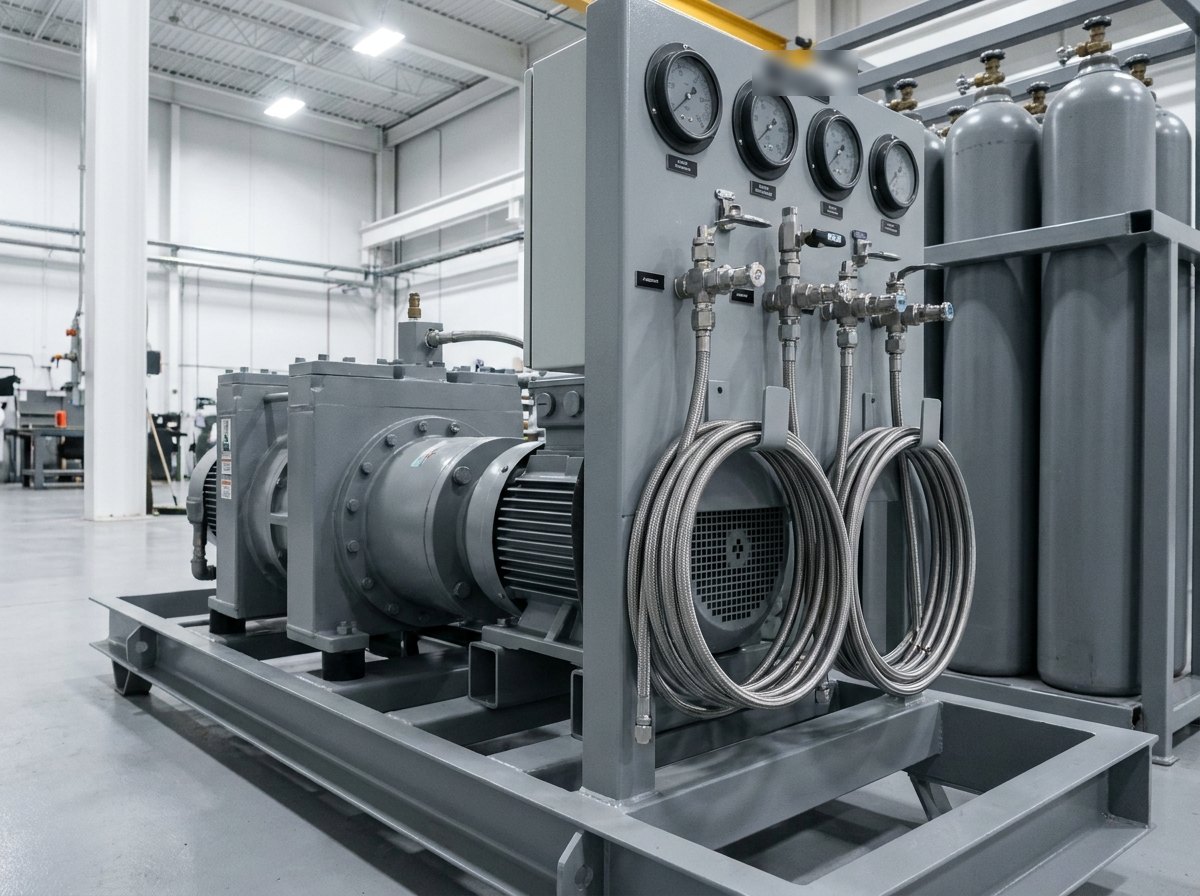 Illustrative image, not a delivered installation — an oil-free high-pressure oxygen booster and charging panel: a clean oil-free booster with a charging control panel of pressure gauges and valves, a bank of high-pressure oxygen cylinders and coiled charging hoses, matte grey and spotless, no text and no people