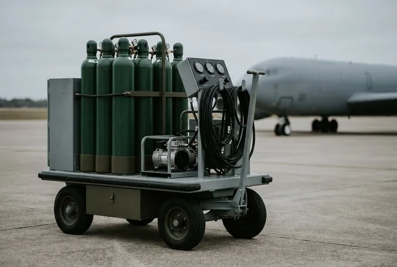 Illustrative image, not a delivered installation — a mobile oxygen charging and distribution vehicle on an airfield apron: a trailer carrying a bank of tall high-pressure oxygen cylinders, an oil-free booster and a charging control panel with coiled charging hoses, a plain unmarked grey aircraft blurred in the background, no text and no people