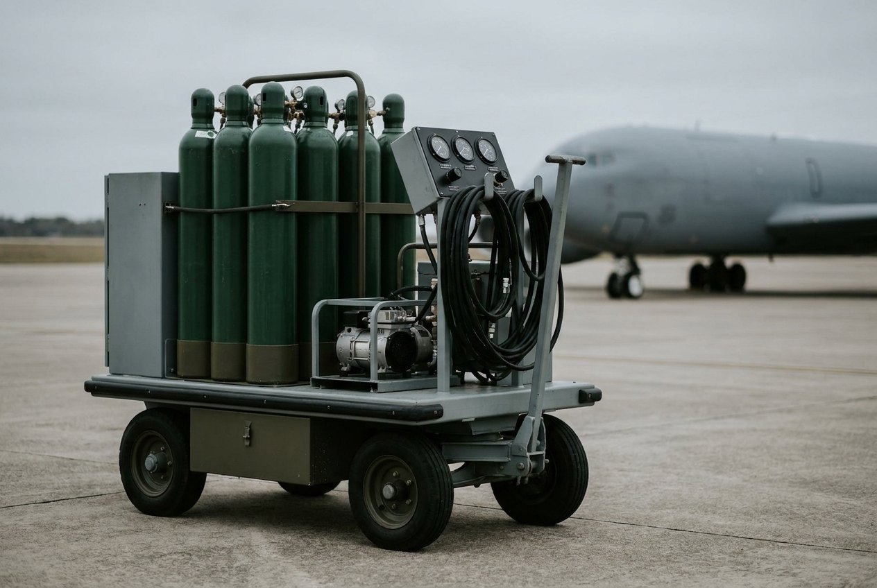Illustrative image, not a delivered installation — a mobile oxygen charging and distribution vehicle on an airfield apron: a trailer carrying a bank of tall high-pressure oxygen cylinders, an oil-free booster and a charging control panel with coiled charging hoses, a plain unmarked grey aircraft blurred in the background, no text and no people