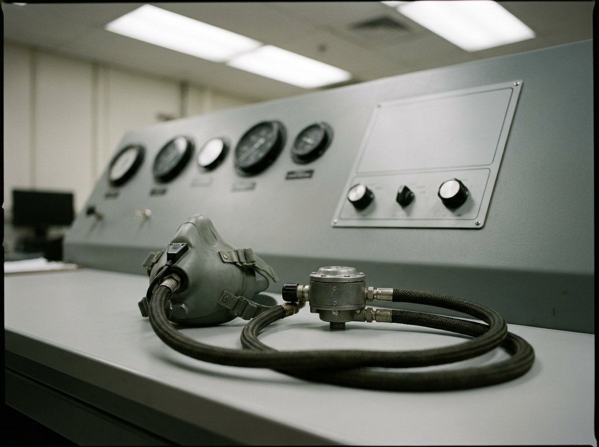 Illustrative image, not a delivered installation — a generic aircrew oxygen mask and a demand regulator connected by hoses to an oxygen test bench with flow and pressure gauges, on a clean laboratory bench, matte grey and unmarked, no text and no people