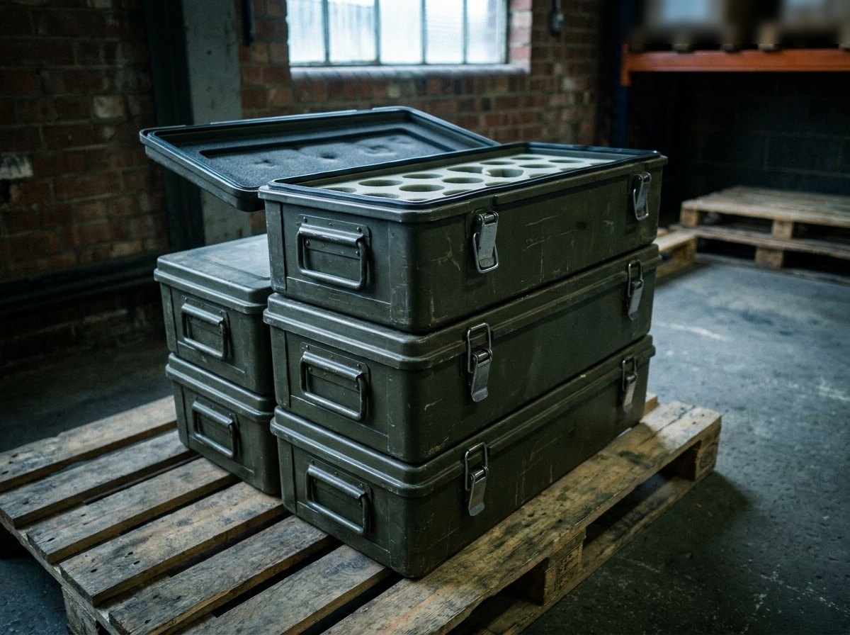 Illustrative image, not a delivered system — hermetic steel containers on a pallet in a despatch bay: rectangular olive-drab painted steel boxes with rolled reinforcing ribs, folded carry handles and over-centre clamp latches along the front edge, the topmost lid open showing a black rubber gasket and moulded pale-grey fitment cradles with empty recesses, plain concrete floor, no markings, no people and no text