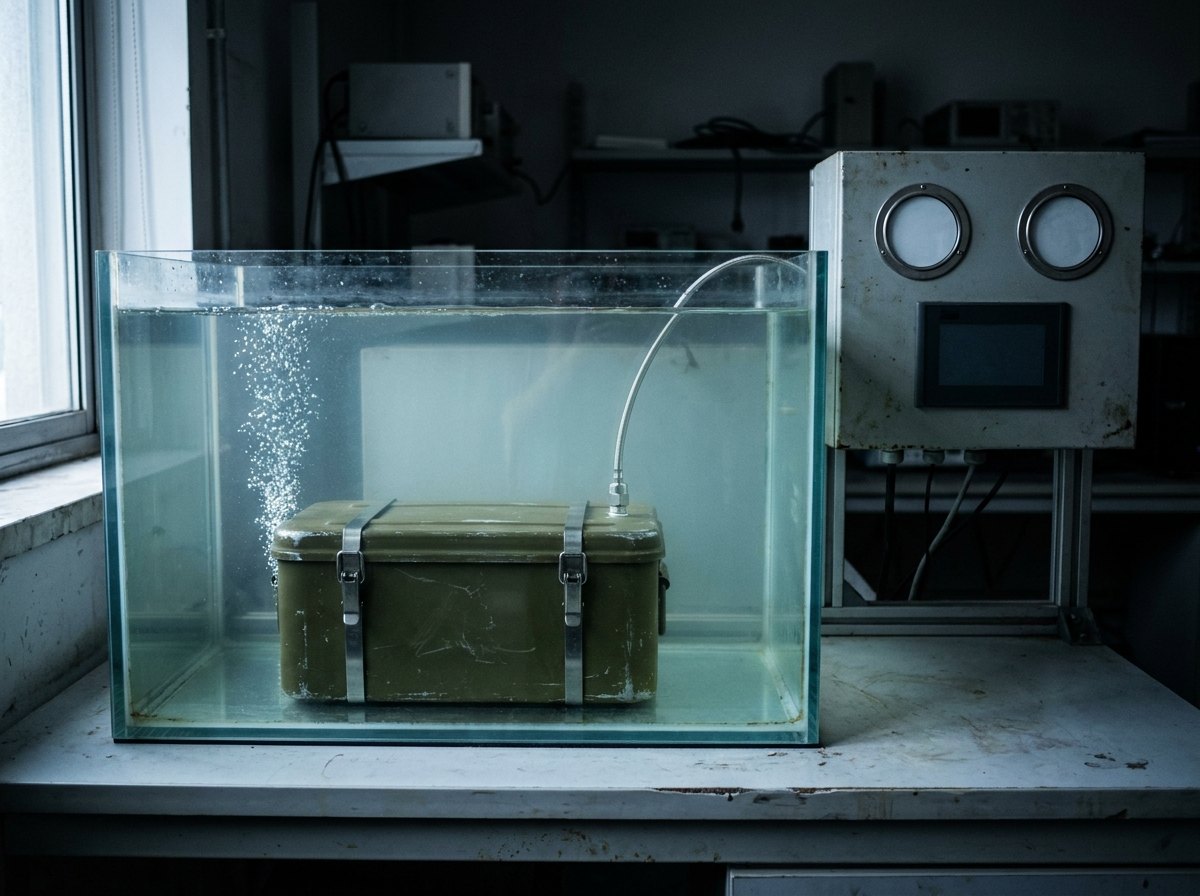 Illustrative image, not a delivered system — a leak-test bench in a quality-assurance laboratory: a closed olive-drab steel container clamped down and fully submerged in a clear-walled water immersion tank, a fine stream of small bubbles rising from one corner of the lid seam through backlit water, a thin stainless air line entering through a lid fitting, a grey instrument panel alongside with blank gauge faces, no people and no text