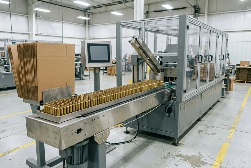 Illustrative image, not a delivered system — an automatic carton packing line in a factory hall: a collating conveyor carrying close-packed rows of plain brass cartridge cases standing upright in a shallow tray, a magazine of flat unprinted kraft cartons beside it, a closing and sealing station with stainless guide arms, clear machine guards and a blank control screen, pale concrete floor, no people and no text