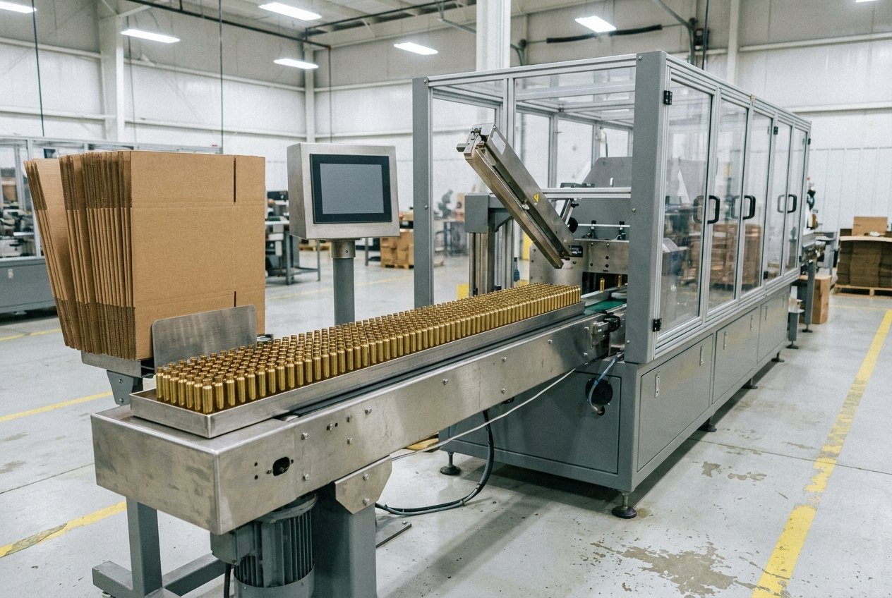 Illustrative image, not a delivered system — an automatic carton packing line in a factory hall: a collating conveyor carrying close-packed rows of plain brass cartridge cases standing upright in a shallow tray, a magazine of flat unprinted kraft cartons beside it, a closing and sealing station with stainless guide arms, clear machine guards and a blank control screen, pale concrete floor, no people and no text