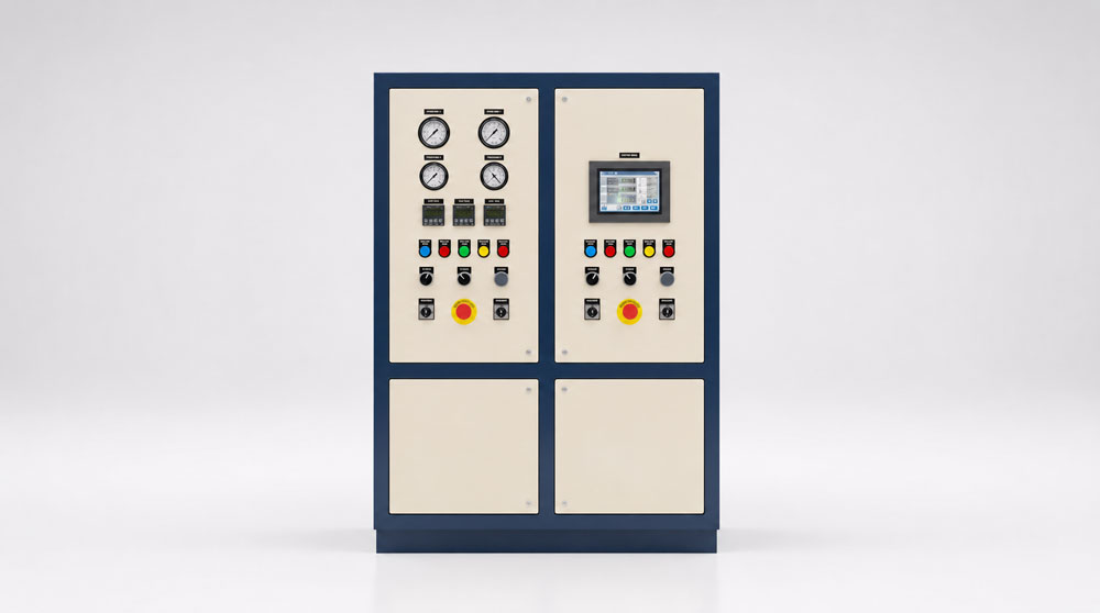 Aerospace Pressure and Leak Test Rig — three power-pack cabinets with control panels and gauges