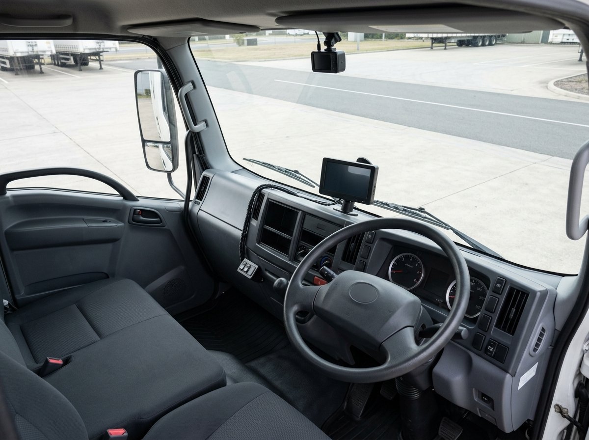 Illustrative of the class — inside the spotless utilitarian cab of a right-hand-drive heavy fleet truck, seen from the passenger side across the empty seats: a plain grey plastic dashboard and instrument cluster, a thin-rimmed steering wheel with a blank unmarked hub, the retrofit clearly fitted - a small rectangular display on a bracket at the dash centre with its screen completely dark, a compact camera unit at the top centre of the windscreen facing the road, a small added switch panel beside the instrument binnacle and tidy black cabling along the A-pillar - a quiet truck depot visible through the glass, no people, nothing running and no readable markings