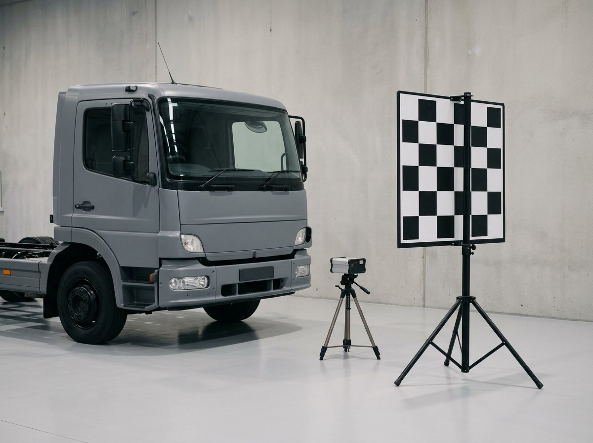 Illustrative of the class — inside an empty clean workshop bay: the plain grey nose of a heavy fleet truck parked facing a large square calibration target board on a bare steel floor stand a few metres ahead, the board carrying only a plain black-and-white geometric chequer pattern, a small laser alignment unit on a low tripod between truck and board switched off, clean pale epoxy floor and plain walls, no people, nothing running and no readable markings
