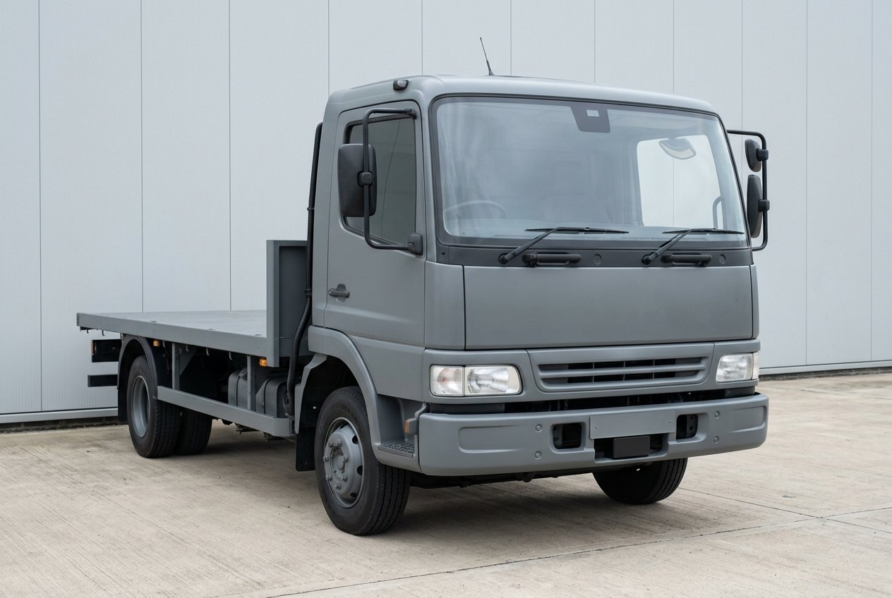 Illustrative of the class — the front three-quarter view of a plain matte mid-grey heavy fleet truck with a flat-fronted forward-control cab and an empty flat cargo bed, parked on empty concrete hardstanding: a small dark sensor pod mounted behind the top centre of the windscreen, a compact blank radar housing integrated low in the front bumper, and a slim black conduit running from the A-pillar toward the chassis, plain unmarked grille and an empty number-plate recess, no people, nothing running and no readable markings