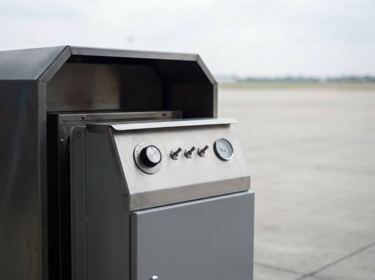 Close view of the control panel of an aircraft engine pre-heating trolley, isolated against an empty apron: one thermostat dial, three plain toggle switches and a single temperature gauge on a plain panel, and no people