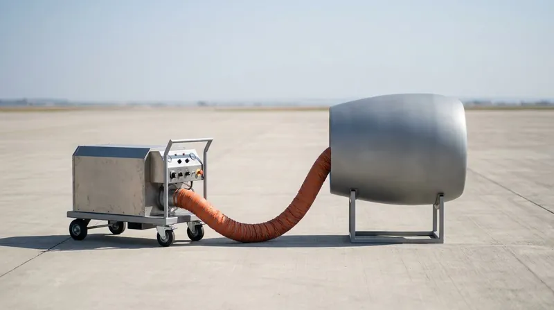 An aircraft engine pre-heating trolley: a compact wheeled cart carrying an enclosed heater unit with a control panel, connected by a flexible insulated duct hose to a generic, unmarked engine cowling section, on a clean concrete apron, and no people