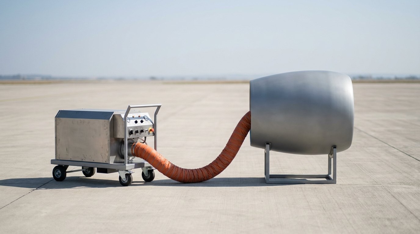 An aircraft engine pre-heating trolley: a compact wheeled cart carrying an enclosed heater unit with a control panel, connected by a flexible insulated duct hose to a generic, unmarked engine cowling section, on a clean concrete apron, and no people