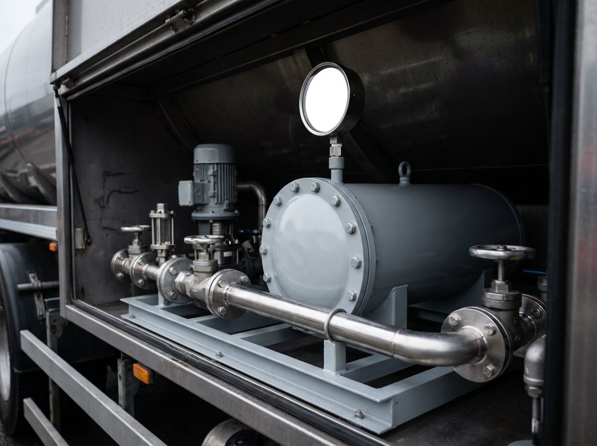 Illustrative image, not a delivered vehicle — a refueller's pump and filtration set in an open side cabinet: a horizontal cylindrical filter water separator vessel with a bolted domed end cover, a differential-pressure gauge, a pump, valves and stainless pipework on a painted frame, no text and no people