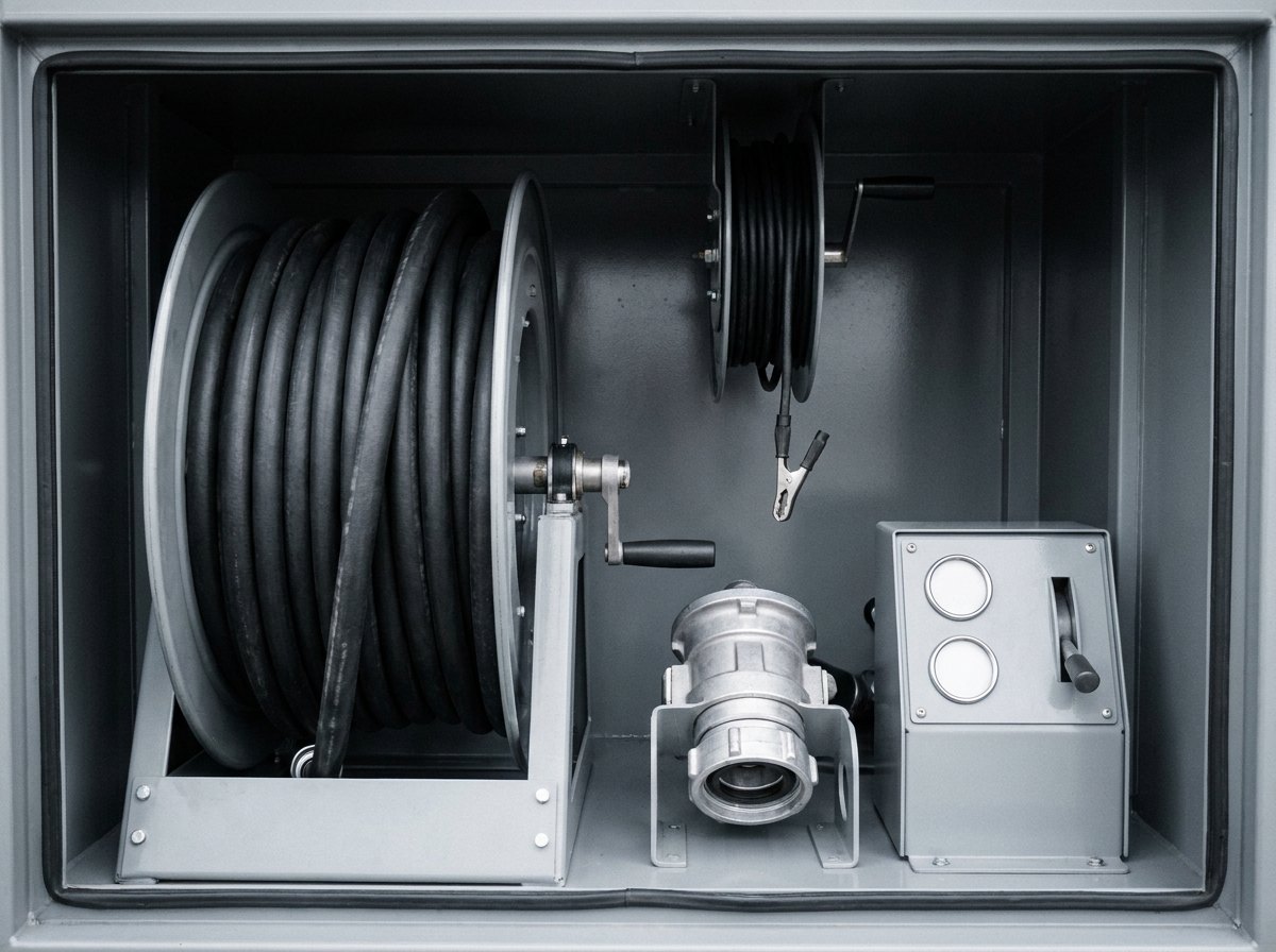 Illustrative image, not a delivered vehicle — the delivery side of a refueller: a large hose reel with coiled heavy black fuel hose, a bonding and earthing reel with clip, an underwing pressure-refuelling coupling in its holder and a small control panel with blank gauges, no text and no people