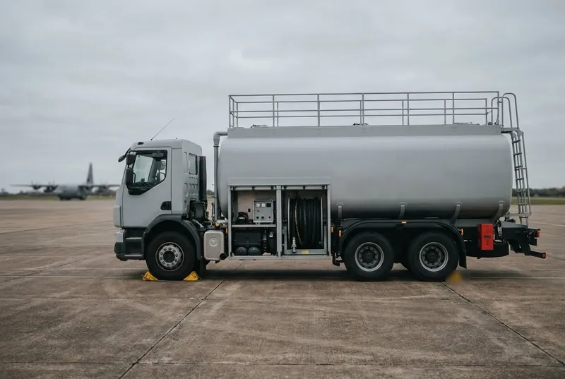 Illustrative image, not a delivered vehicle — a clean modern aircraft refueller truck on an airfield apron: a plain matte tanker body on a heavy truck chassis with a side equipment cabinet showing hose reels and a control panel, wheel chocks in place, no text, no markings and no people