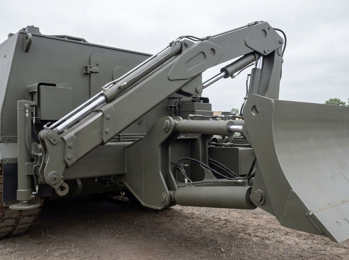 Illustrative image, not a delivered installation — a hydraulic crane/jib boom with rams and a dozer / earth-anchor spade blade with its hydraulic cylinders, the lift and anchor equipment, matte and unmarked, no text and no people