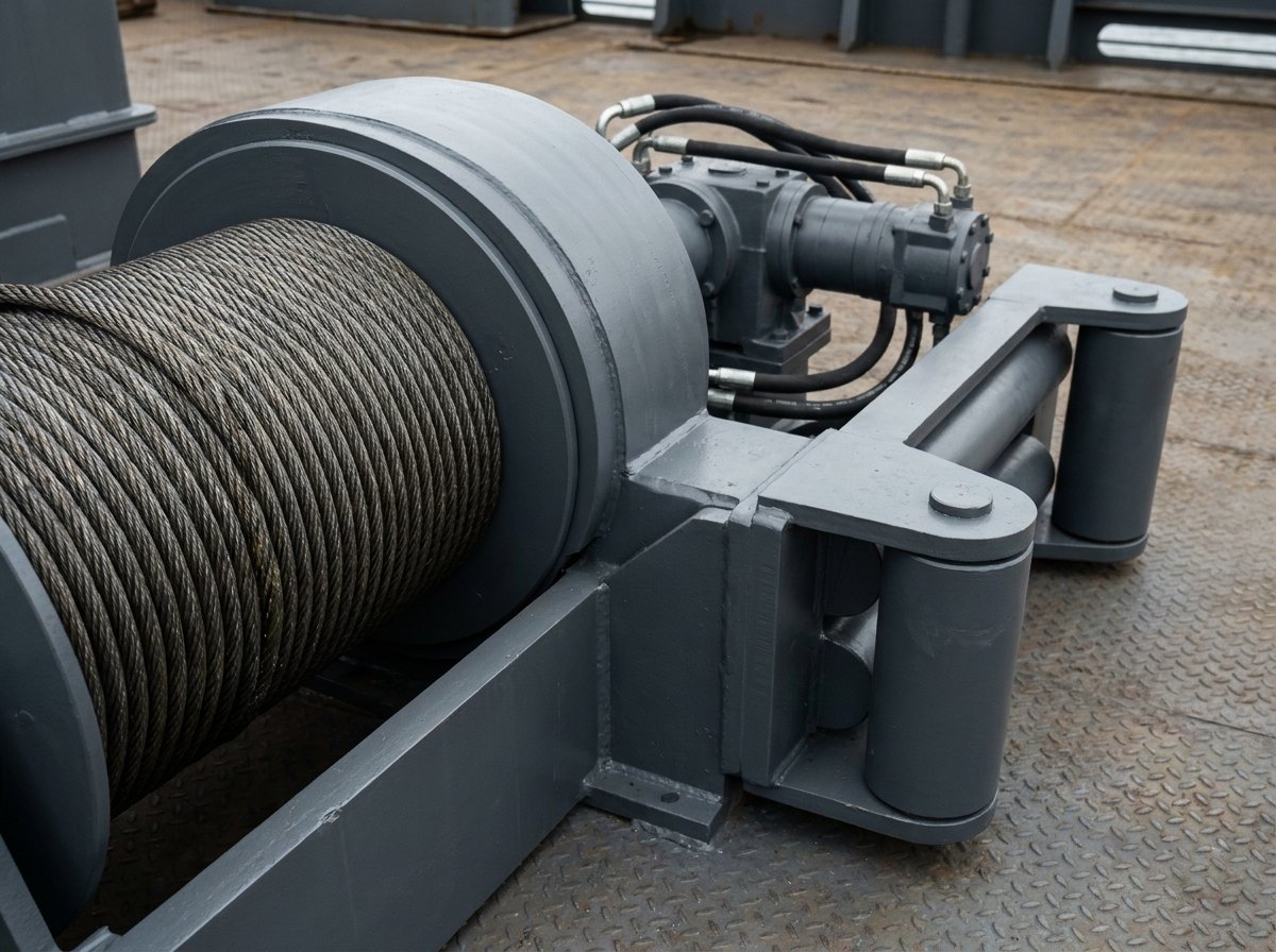 Illustrative image, not a delivered installation — a close view of a heavy hydraulic recovery winch: a large grooved drum with wire rope, fairlead rollers and a hydraulic motor and gearbox, mounted on a steel deck, matte and unmarked, no text and no people