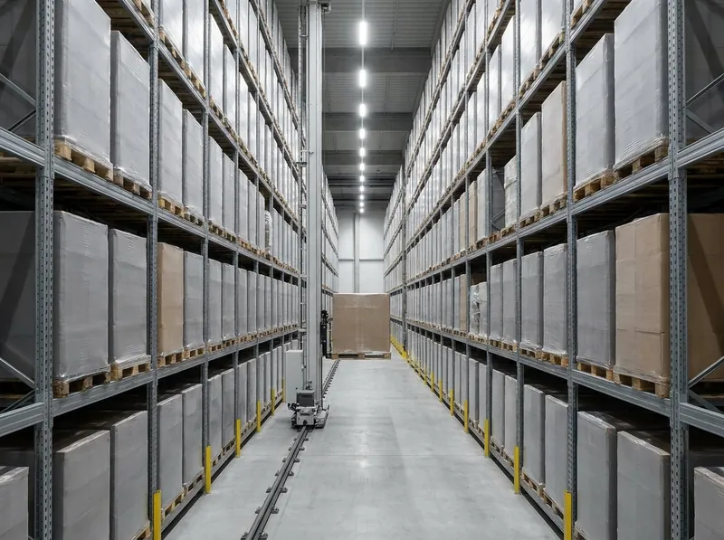 A narrow automated storage aisle between tall steel pallet racking, with a stacker crane on a floor rail carrying a plain unmarked pallet load, lit evenly along the aisle
