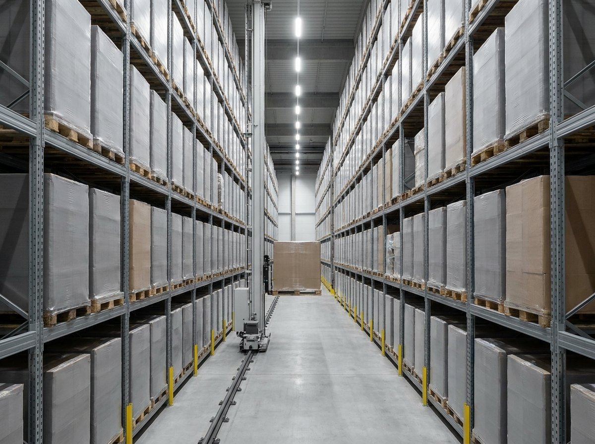 A narrow automated storage aisle between tall steel pallet racking, with a stacker crane on a floor rail carrying a plain unmarked pallet load, lit evenly along the aisle