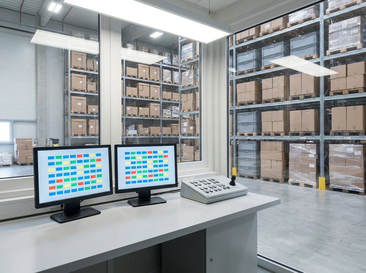 A stores control desk with two monitors showing plain schematic grids and simple status blocks, beside a compact control panel, looking out over racking through a window