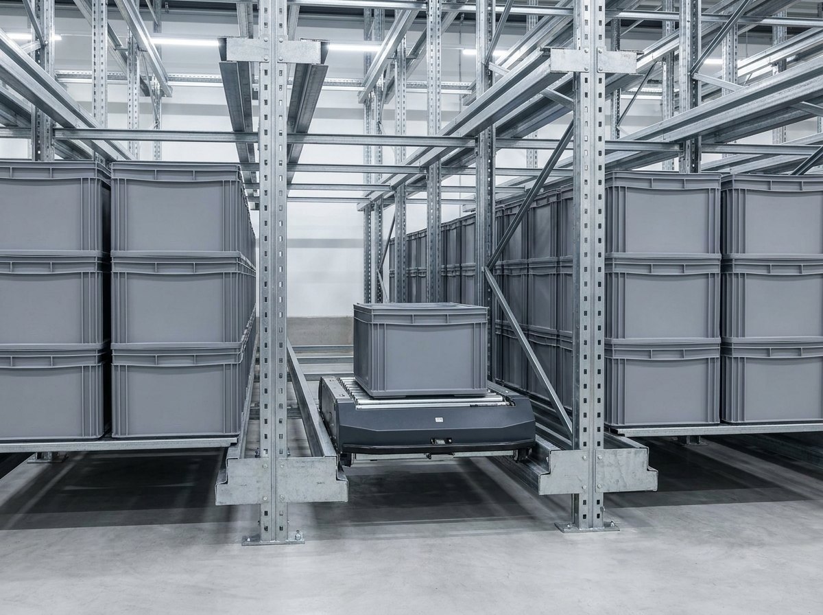 A rack shuttle vehicle running on rails inside a steel storage rack, carrying a plain unmarked tote between storage positions