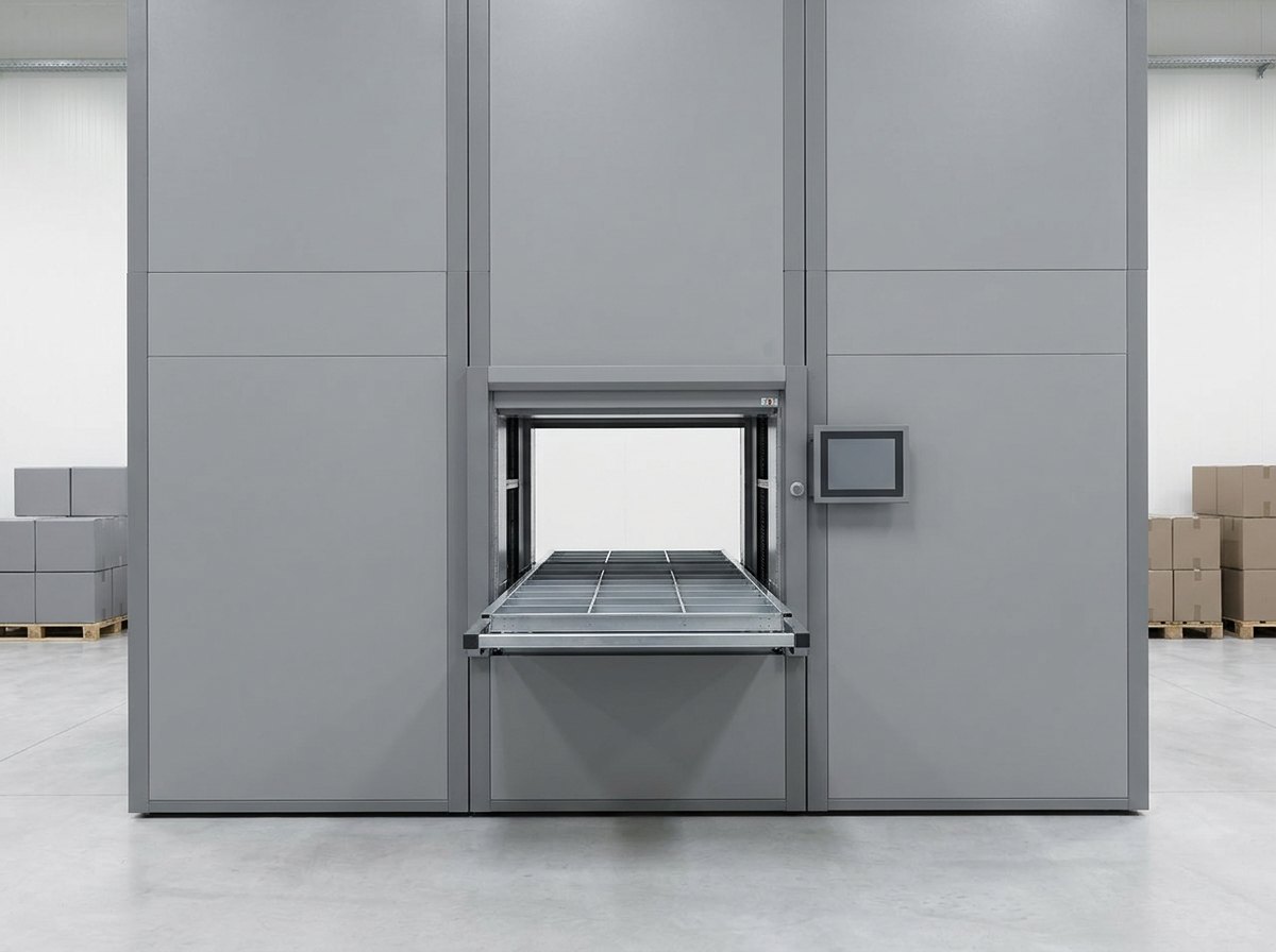 A row of enclosed vertical lift storage modules with an open access window showing a tray of plain unmarked compartments, in a clean well-lit store