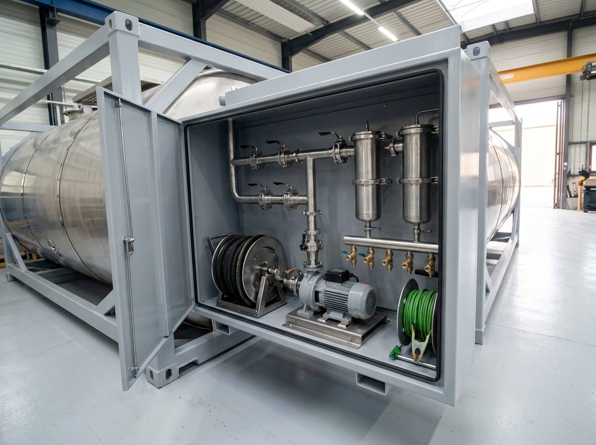 Illustrative of the class — close view of the open service cabinet at the end of a tank container in a clean workshop: bright polished stainless pipework and butterfly valves, two vertical filter vessels side by side with quick-release clamp bands, a compact pump with its motor on a machined baseplate, a coiled black delivery hose on a frame reel, a smaller reel of green earthing cable with a spring clamp, a row of small sampling cocks, fresh grey paint on the surrounding frame, no people and no readable markings