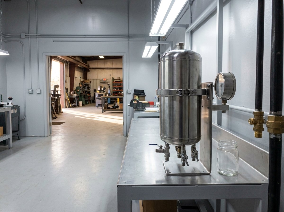 Illustrative of the class — close view of a fuel filter water separator vessel on a clean workshop bench: a vertical polished stainless pressure vessel with a domed top and a heavy clamp band around its middle, bright stainless inlet and outlet pipework with union fittings, a small drain valve and a row of three sampling cocks low on the body, a differential pressure gauge on a side bracket angled away from the camera, a clean empty glass sample jar standing beside it, a workshop with benches and machines soft-focus beyond the doorway, no people and no readable markings