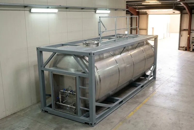 Illustrative of the class — a tank container on a clean concrete apron beside a plain industrial building: a long horizontal polished stainless-steel cylindrical tank cradled inside a rectangular structural steel frame in fresh machine-grey paint, heavy cast corner fittings at all eight corners, a walkway grating and folded guard rail along the top with a round manway hatch, a recessed service cabinet at the near end showing tidy pipework and valves, clean apron with a faint yellow line, no people and no readable markings