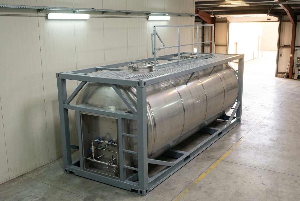 Illustrative of the class — a tank container on a clean concrete apron beside a plain industrial building: a long horizontal polished stainless-steel cylindrical tank cradled inside a rectangular structural steel frame in fresh machine-grey paint, heavy cast corner fittings at all eight corners, a walkway grating and folded guard rail along the top with a round manway hatch, a recessed service cabinet at the near end showing tidy pipework and valves, clean apron with a faint yellow line, no people and no readable markings