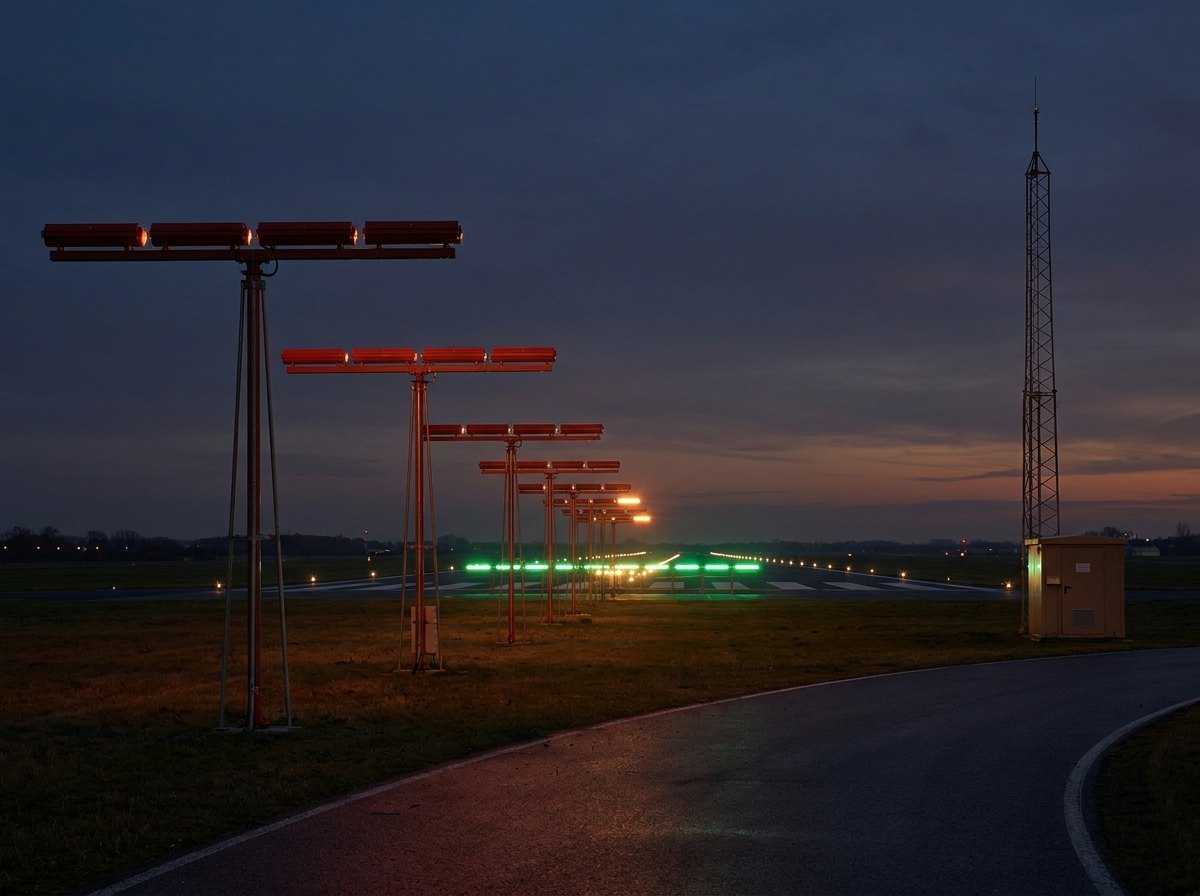 Runway approach lighting at dusk, rows of elevated approach lights leading to runway threshold lights with a glide path antenna mast to one side
