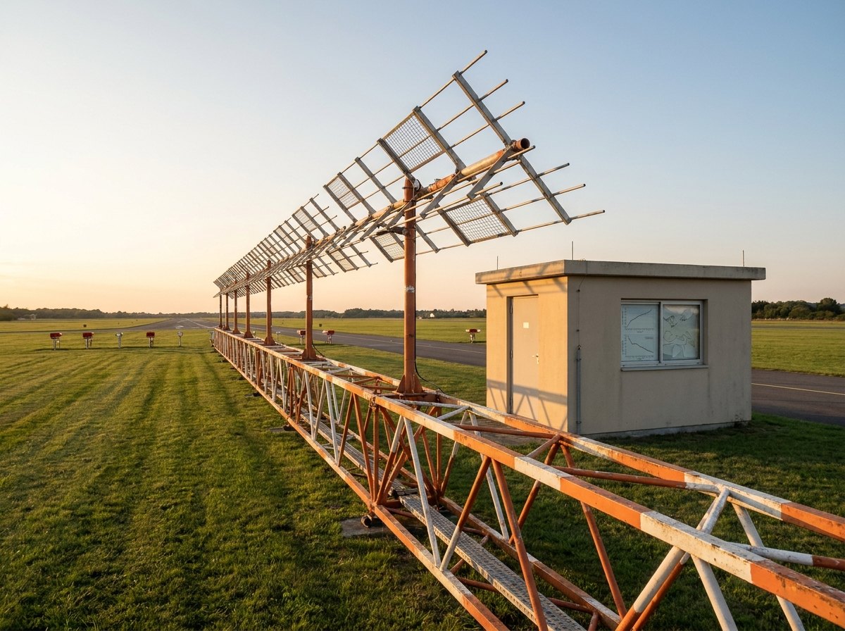 Instrument landing system localizer antenna array on a frame at the end of a runway, orange and white equipment shelter beside it under an open sky