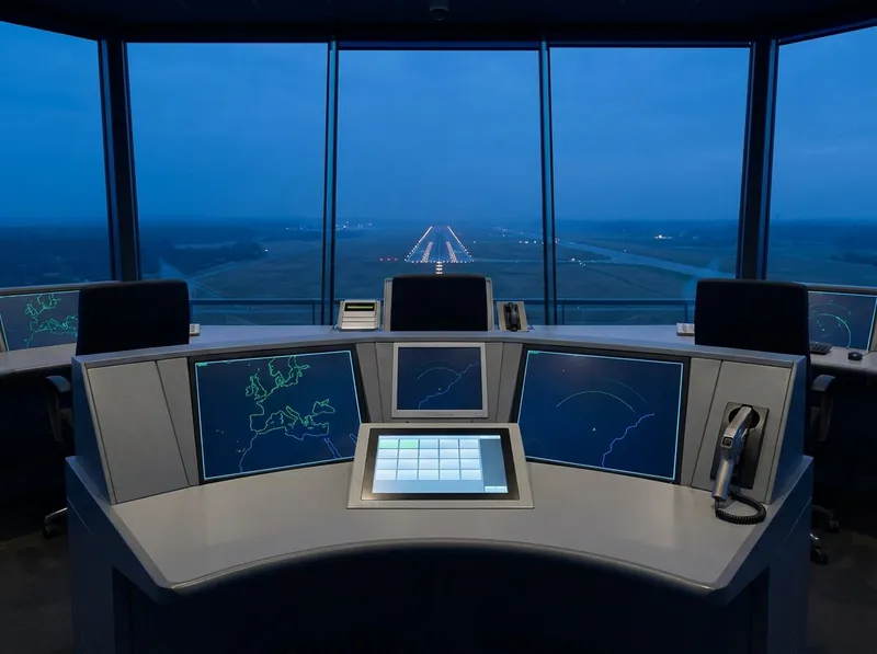 Air traffic control tower cab at dusk with curved console positions, plain situation displays and signal lamp, overlooking a lit runway