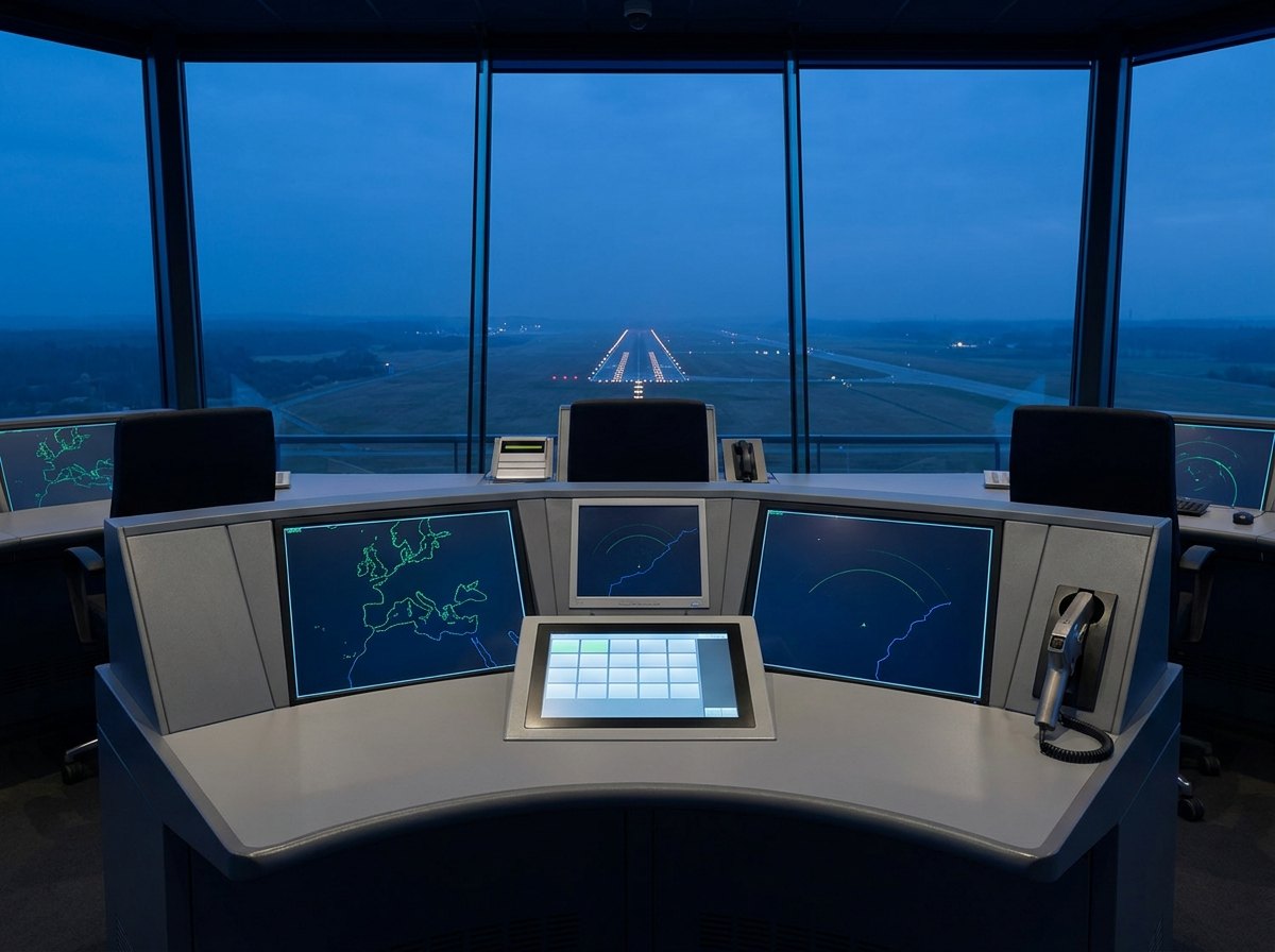 Air traffic control tower cab at dusk with curved console positions, plain situation displays and signal lamp, overlooking a lit runway