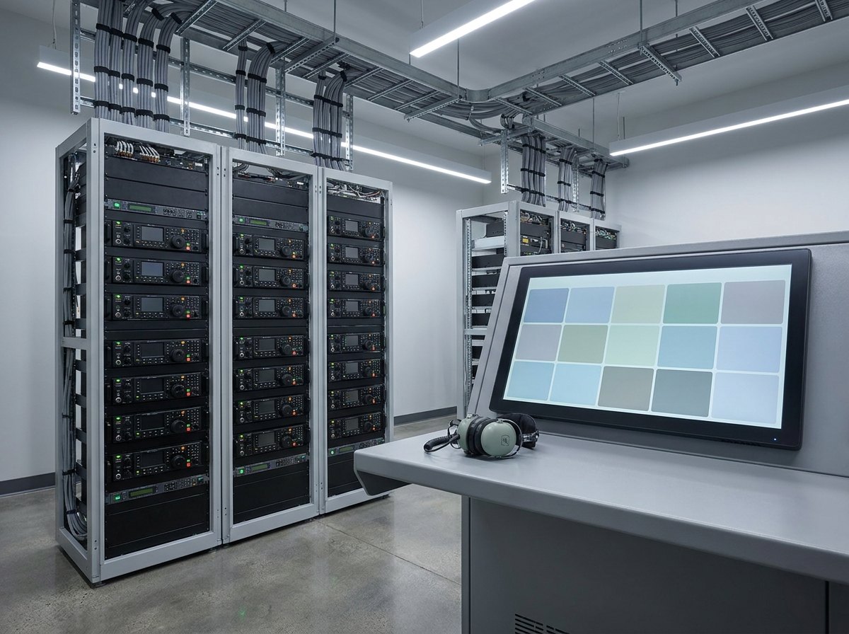Airfield communications equipment room with new radio racks and a voice communication and control system console showing a plain grid of channel tiles