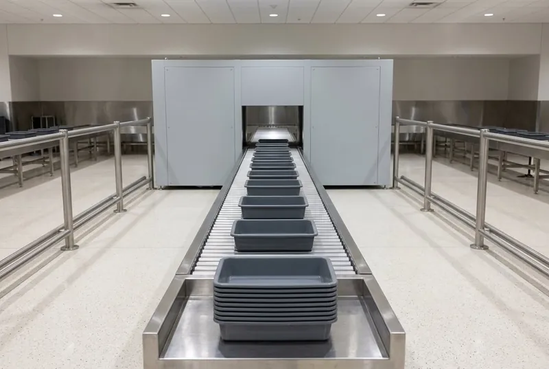 Illustrative of the class — a security checkpoint screening lane in an empty terminal: a long straight brushed stainless steel roller conveyor at waist height carrying a row of empty plain dark-grey moulded plastic trays lying flat and evenly spaced, a stainless divest counter at the near end with a neat stack of identical blank trays, a plain light-grey rectangular equipment tunnel spanning the conveyor in the middle distance with completely blank panels, low stainless guide rails along both sides and a clean pale polished terminal floor, no people and no readable markings