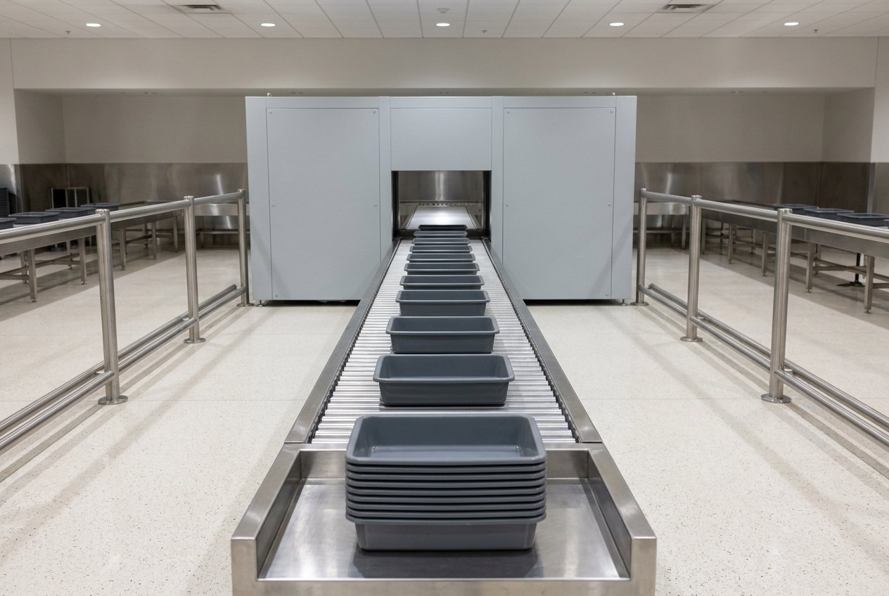 Illustrative of the class — a security checkpoint screening lane in an empty terminal: a long straight brushed stainless steel roller conveyor at waist height carrying a row of empty plain dark-grey moulded plastic trays lying flat and evenly spaced, a stainless divest counter at the near end with a neat stack of identical blank trays, a plain light-grey rectangular equipment tunnel spanning the conveyor in the middle distance with completely blank panels, low stainless guide rails along both sides and a clean pale polished terminal floor, no people and no readable markings