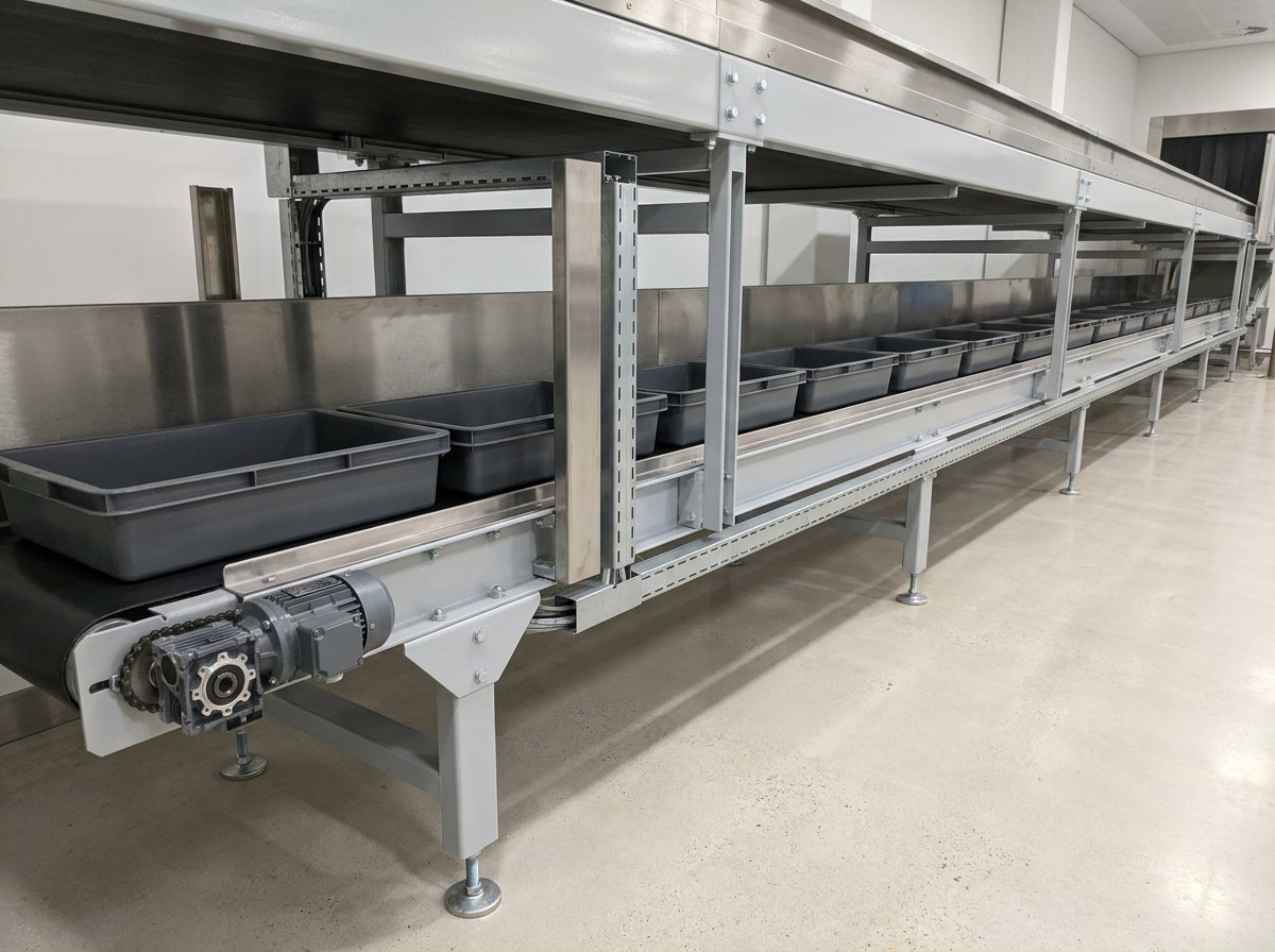 Illustrative of the class — close view of the return loop beneath a checkpoint lane in an empty terminal: a lower level belt conveyor running back under the main lane carrying empty plain dark-grey moulded plastic trays in a neat row, supported on a light-grey painted steel frame with cross members and levelling feet, a compact grey gear motor at the near end driving the belt through a chain and sprocket, a vertical stainless side guide and tidy cable trunking along the frame, no people and no readable markings