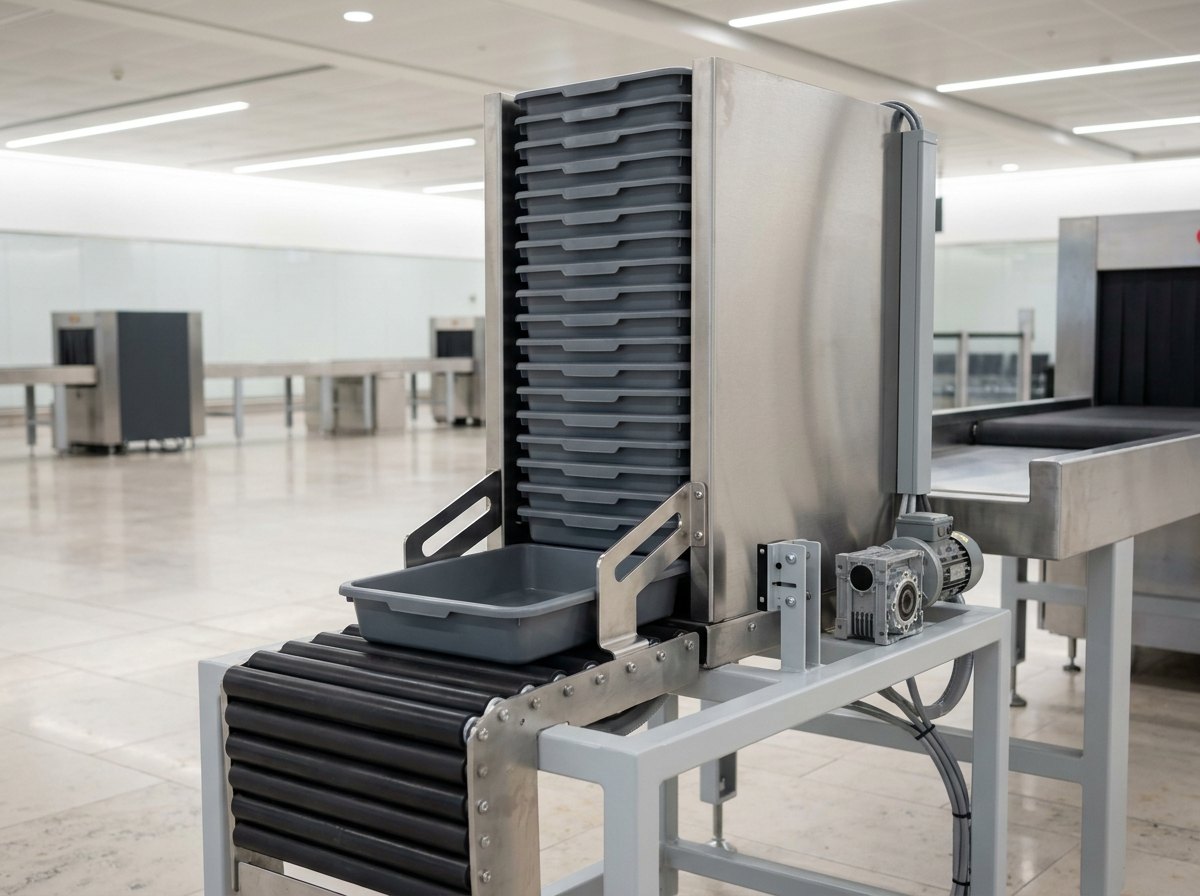 Illustrative of the class — close view of a tray stacking and destacking unit at the end of a checkpoint lane in an empty terminal: a compact brushed stainless steel frame holding a vertical magazine of about fifteen identical plain dark-grey moulded plastic trays stacked neatly one inside another, a pair of bright machined stainless fingers at the base positioned to release a single tray at a time onto a short roller section, a small grey gear motor and a simple sensor bracket beside the magazine, no people and no readable markings