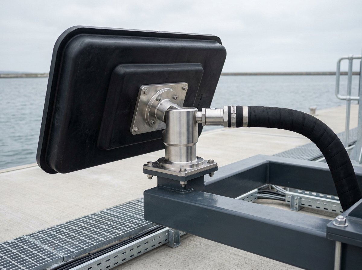 Illustrative of the class — close view of the business end of one arm of a quayside mooring machine: a large flat rectangular vacuum pad head faced with thick moulded black rubber, carried on a bright machined stainless gimbal joint allowing tilt in two axes, a heavy reinforced black vacuum hose curving away from the back of the head into the arm, a small bright cylindrical load cell mounted inline behind the gimbal, dark-grey painted steel arm structure below and open water softly out of focus behind, no vessel, no people and no readable markings