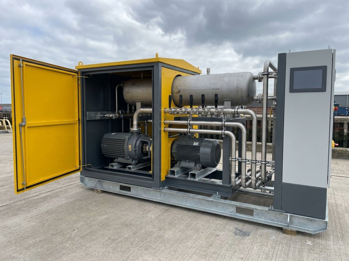 Illustrative of the class — a weatherproof equipment skid on a concrete quay with its hinged access door standing open: a horizontal vacuum pump driven by an electric motor on machined mounting pads, a large horizontal cylindrical steel receiver vessel above it, a compact manifold of valves with black handles, brushed stainless pipework in tidy parallel runs held by clips, and a plain grey control cabinet with a blank dark panel at one end, the skid sitting on a galvanised base frame, no vessel, no people and no readable markings
